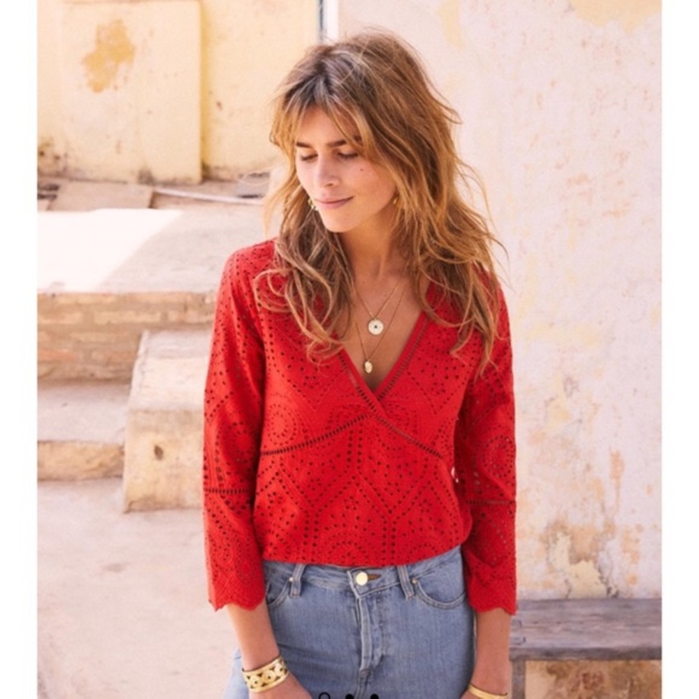 Sezane Andrea Blouse Rubis Eyelet Cutwork Size 34